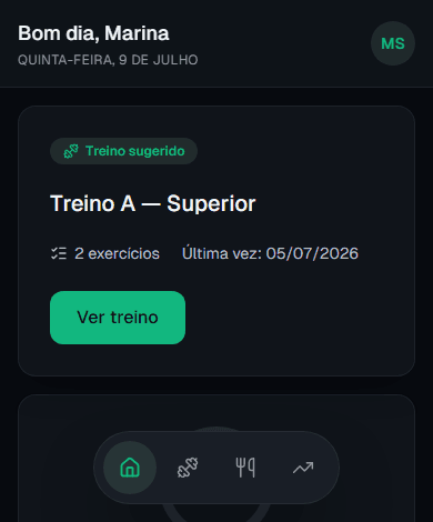 Área do Aluno no celular, com o treino sugerido do dia e o botão para começar